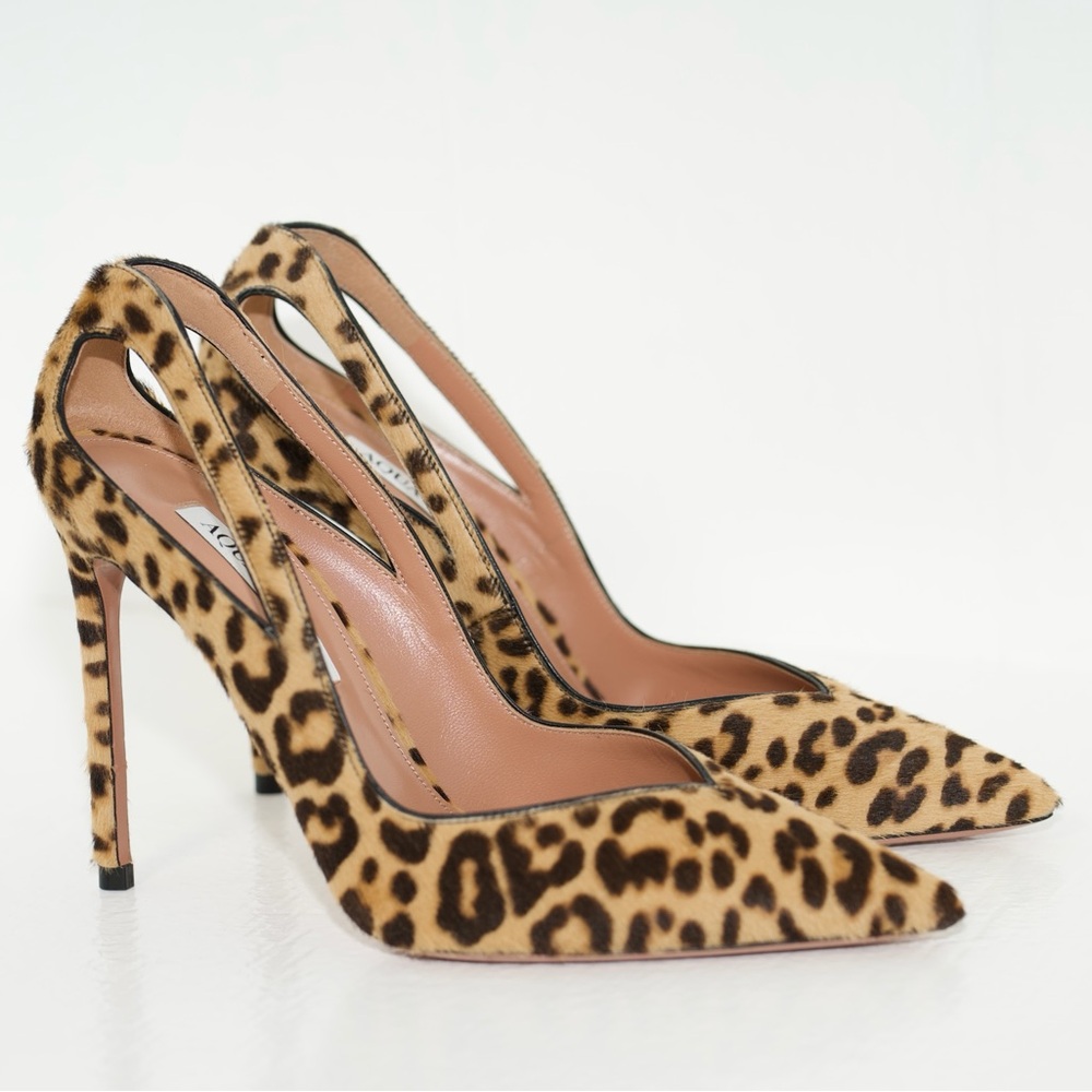 Aquazzura Sheeva Leopard Natural Pony Hair Print Cut-Out Heels 105mm Size 39 NEW - Picture 7 of 16